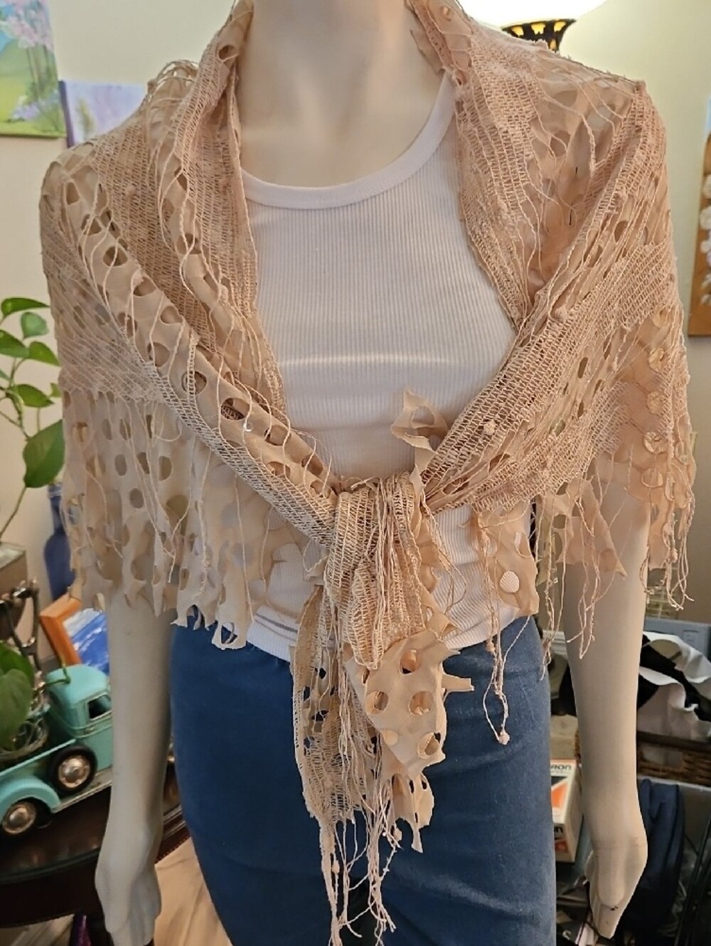 Light Cream Crochet Fringe Shawl - Picture 2 of 4